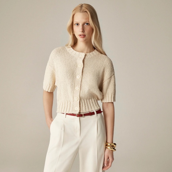 New JCREW Size M Marina Crewneck Cardigan Textured Cotton Blend Warm Sesame $98 - Picture 1 of 5